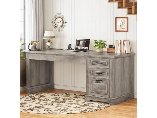 SEDETA Executive Office Desk with 3 Drawers, Farmhouse 55' Computer Desk with Storage File Drawers & Power Outlet for Home Office, Grey