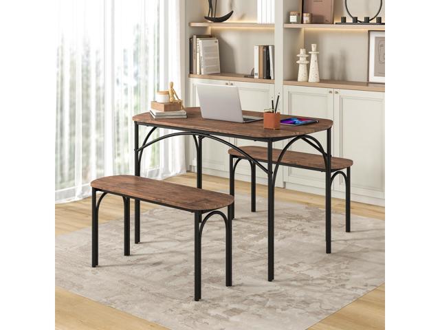 GOFLAME 3-Piece Dining Table Set for 4, Wooden Kitchen Table and 2 Benches Set with Metal Frame, Space-Saving Dinette Set for Living Room, Dining...