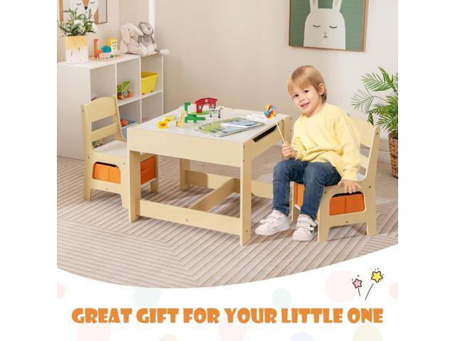 GLACER Kids Table and Chairs, 3 in 1 Wooden Activity Table with Storage, Reversible Tabletop, Chalkboard for Crafts, Drawing, Reading, Toddler...