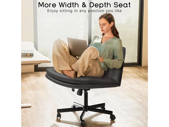 PUKAMI Criss Cross Legged Chair with Wheels,Comfy Armless Office Desk Chair,PU Leather Swivel Modern Makeup Vanity Chair,Height Adjustable Wide...