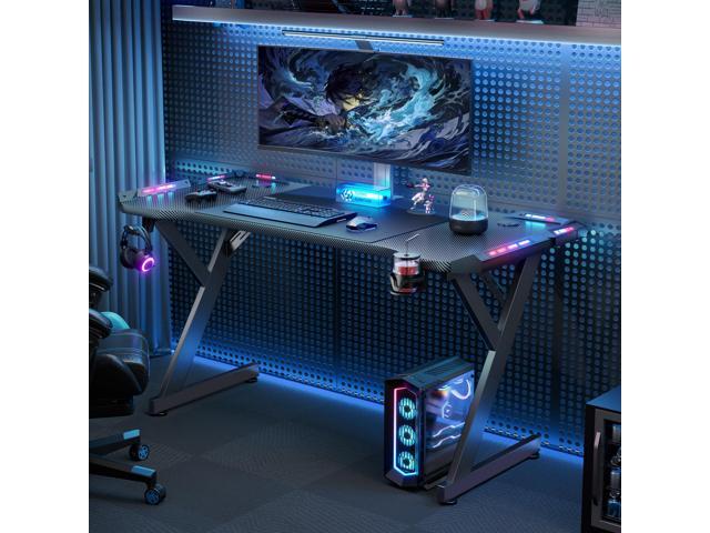 HLDIRECT 63 INCH Gaming Desk with LED Lights, Home Office Gamer Desk, Ergonomic Computer Table with Large Carbon Fiber Desktop, Office Workstation...
