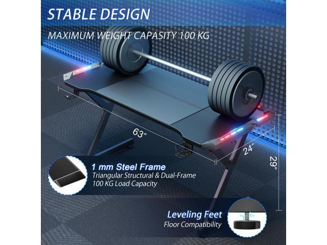 HLDIRECT 63 INCH Gaming Desk with LED Lights, Home Office Gamer Desk, Ergonomic Computer Table with Large Carbon Fiber Desktop, Office Workstation...
