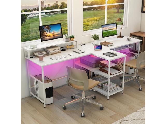 Tangkula 2-Person Reversible Computer Desk with LED Lights, 94.5 Long Office Desk with Power Outlets, Monitor Stand, Keyboard Tray & 2 Storage...