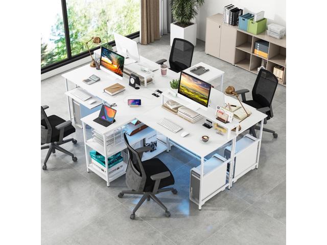 Tangkula 2-Person Reversible Computer Desk with LED Lights, 94.5 Long Office Desk with Power Outlets, Monitor Stand, Keyboard Tray & 2 Storage...