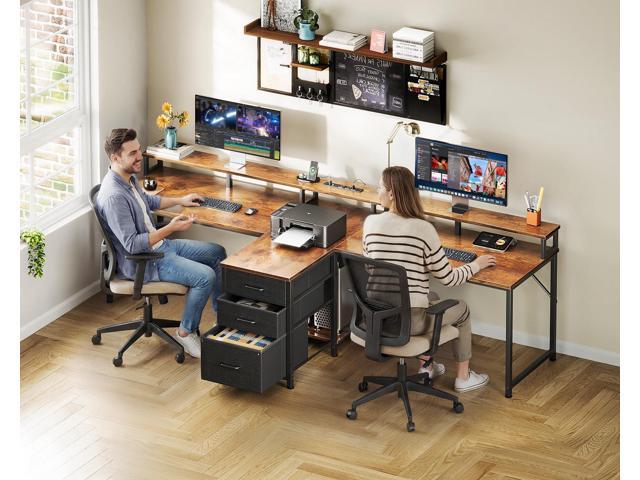 Coleshome 94' Two Person Computer Desk with Power Outlet & USB Ports, Extra Long Home Office Desk with Fabric Drawers, File Cabinet & Monitor...