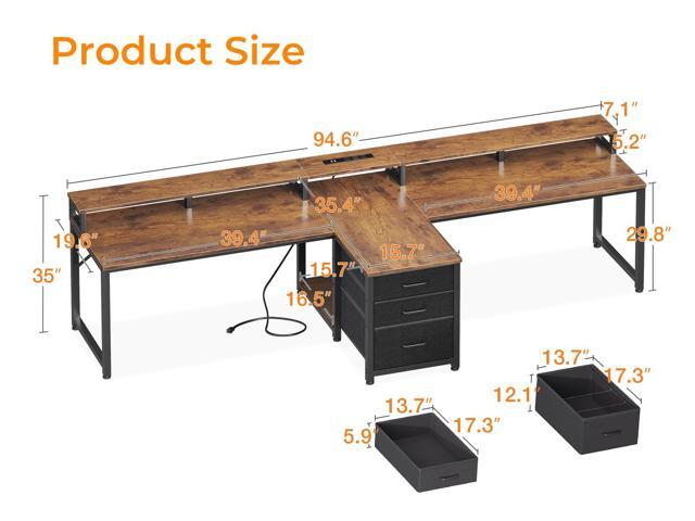 Coleshome 94' Two Person Computer Desk with Power Outlet & USB Ports, Extra Long Home Office Desk with Fabric Drawers, File Cabinet & Monitor...