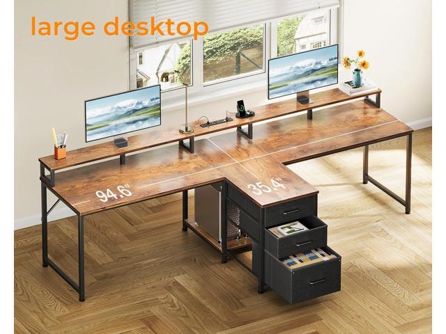 Coleshome 94' Two Person Computer Desk with Power Outlet & USB Ports, Extra Long Home Office Desk with Fabric Drawers, File Cabinet & Monitor...