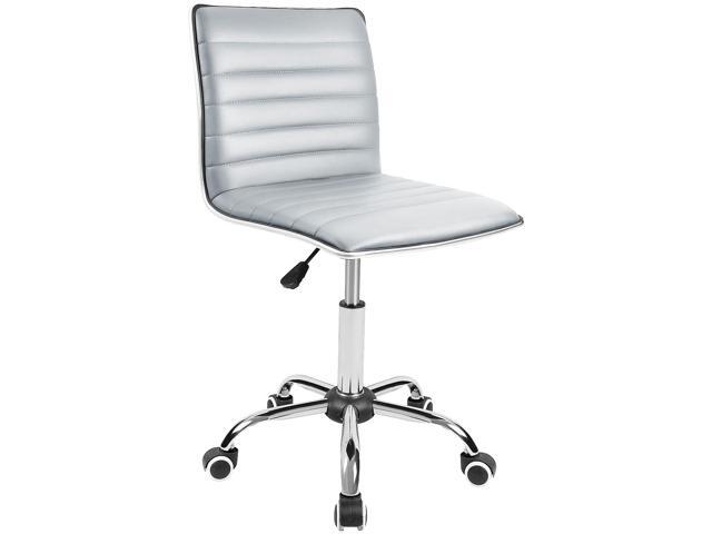 JUMMICO Armless Vanity Office Chair with Wheels, Small Cute Makeup Desk Chair Ribbed Leather Swivel Computer Task Chair (Light Gray)