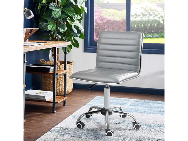 JUMMICO Armless Vanity Office Chair with Wheels, Small Cute Makeup Desk Chair Ribbed Leather Swivel Computer Task Chair (Light Gray)