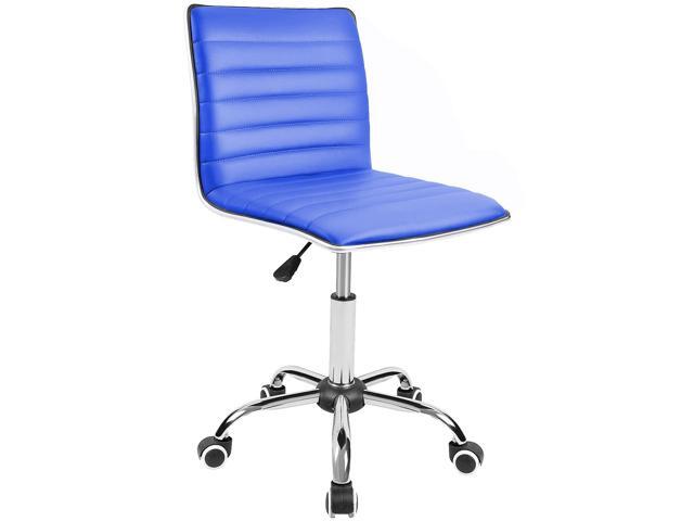 JUMMICO Armless Vanity Office Chair with Wheels, Small Cute Makeup Desk Chair Ribbed Leather Swivel Computer Task Chair (Blue)