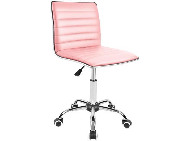 JUMMICO Armless Vanity Office Chair with Wheels, Small Cute Makeup Desk Chair Ribbed Leather Swivel Computer Task Chair (Pink)