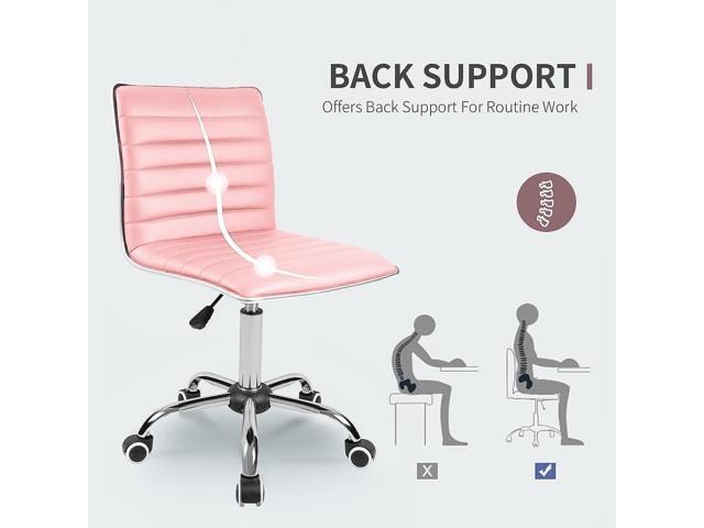JUMMICO Armless Vanity Office Chair with Wheels, Small Cute Makeup Desk Chair Ribbed Leather Swivel Computer Task Chair (Pink)