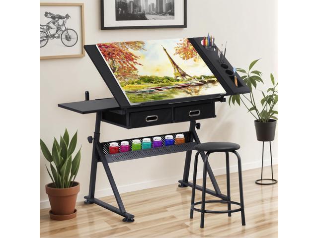 LEMY Drafting Table Art Desk, Height Adjustable Drawing Table Tilting Tabletop Work Station with Stool and Storage Drawer for Home, Office,...
