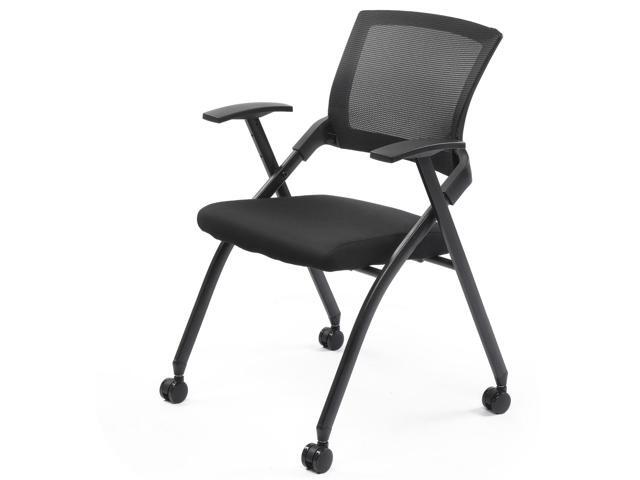 Black Folding Office Chair, Foldable & Stackable, Mesh Back & Sponge Seat, Wheels, Arm Rest, Ergonomic, 350 lbs Capacity