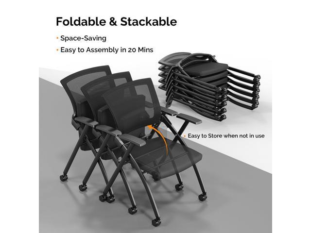Black Folding Office Chair, Foldable & Stackable, Mesh Back & Sponge Seat, Wheels, Arm Rest, Ergonomic, 350 lbs Capacity