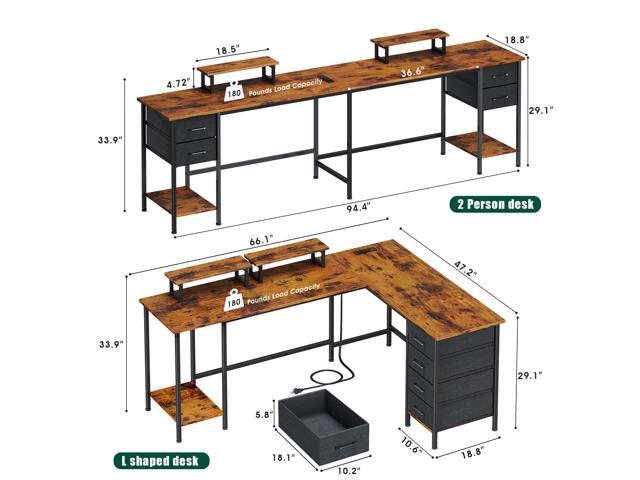 66' L Shaped Computer Desk with Power Outlets, Home Office Desk with 4 Adjustable Storage Drawers & 2 Monitor Stands, Large Two Person Gaming Table...