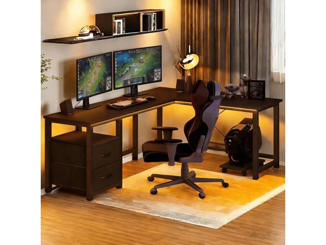 Gizoon 66' L Shaped Gaming Desk with Large Drawers, Reversible Corner Desk with Power Outlets & Moveable CPU Stand, Home Office Computer Desk, Black