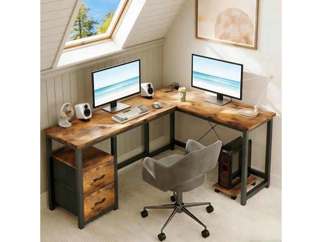 Gizoon 66 Inch L Shaped Desk with Drawers, Reversible Corner Computer Desk with Power Outlets, Home Office Desk with Moveable CPU Stand, Large...