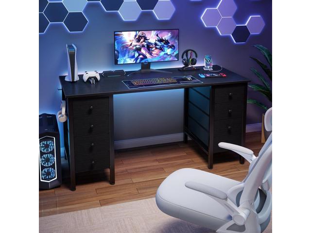 DLisiting Black Gaming Desk with Fabric Drawers on Both Sides, 55 Inch Home Office Computer Study Writing Work PC Desk with 8 Storage Drawers...