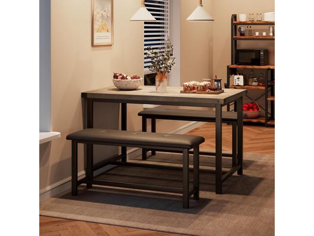 Dining Table Set for 4, Kitchen Table with 2 Upholstered Benches, Rectangular Dining Room Table Set, 3 Piece Kitchen Table Set for Small Space,...