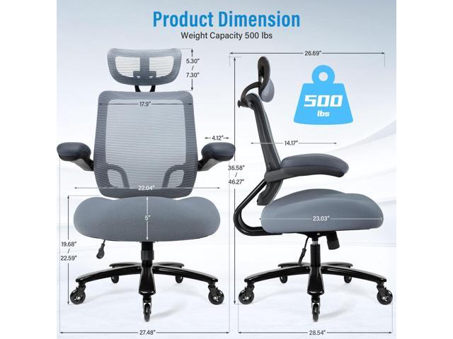 500lbs Big and Tall Office Chair - Heavy Duty Mesh Ergonomic Desk Chair with Headrest, High Back Computer Chair - Flip-up Armrests, Wide Thick Seat...