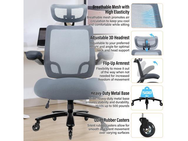 500lbs Big and Tall Office Chair - Heavy Duty Mesh Ergonomic Desk Chair with Headrest, High Back Computer Chair - Flip-up Armrests, Wide Thick Seat...