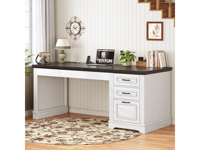 SEDETA Office Desk with 3 Drawers, 55' Executive Computer Desk with Storage Drawers, Farmhouse Desk with Power Outlet for Home Office, White