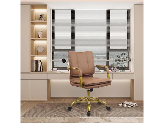 CLATINA Leather Home Office Desk Chairs, Swivel Mid-Back Computer Chair with Golden Legs and Arms, Comfy Upholstered Task Chair with Wheels, Brown