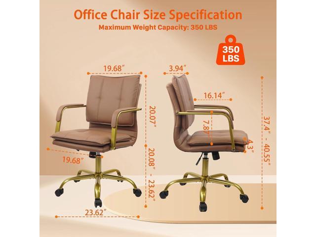 CLATINA Leather Home Office Desk Chairs, Swivel Mid-Back Computer Chair with Golden Legs and Arms, Comfy Upholstered Task Chair with Wheels, Brown