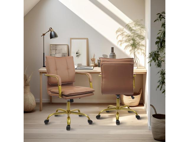 CLATINA Leather Home Office Desk Chairs, Swivel Mid-Back Computer Chair with Golden Legs and Arms, Comfy Upholstered Task Chair with Wheels, Brown