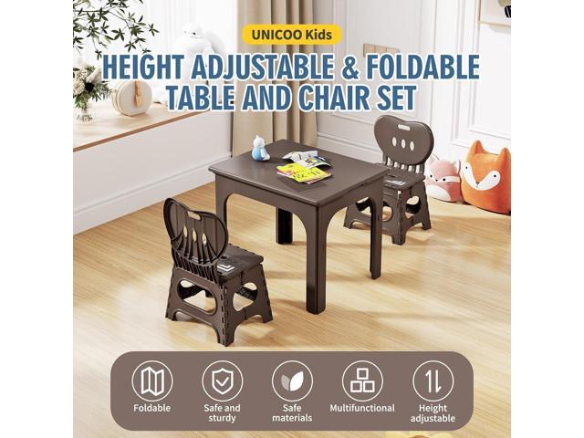 UNICOO Kids Foldable & Height Adjustable Table Set w/2 Folding Chairs, Compact, Collapsible & Portable, Toddler Activity, Picnic Table, Card...