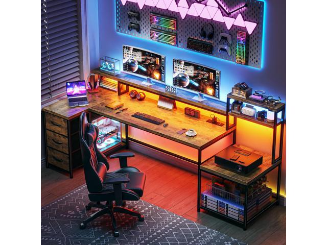 EnHomee 71' L Shaped Computer Desk with 3 Drawers & Hutch,Reversible Gaming Desk with LED Lights & Power Outlet,Home Office Desks with Monitor...