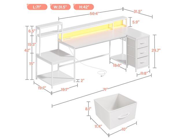 EnHomee 71' L Shaped Gaming Desk with LED Lights,White Computer Desk with Drawers and Printer Shelf,Power Outlet,Reversible Home Office Desks with...