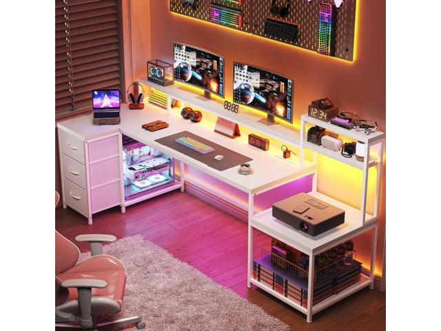 EnHomee 71' L Shaped Gaming Desk with LED Lights,White Computer Desk with Drawers and Printer Shelf,Power Outlet,Reversible Home Office Desks with...