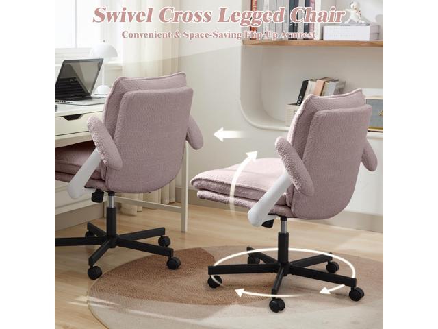 Criss Cross Legged Office Chair with Wheels and Flip-Up Arms, Upholstered Criss Cross Desk Chair, Wide Seat Chairs for Home Office, Vanity,...