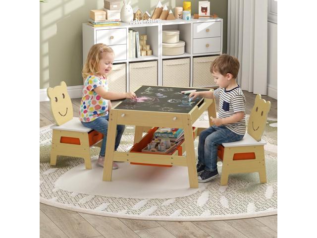 Costzon Kids Table and Chairs, Multifunctional Art Desk Set w/Chalkboard & Whiteboard, 4 Hooks, Large Storage Space and 2 Bins for Children 3+,...