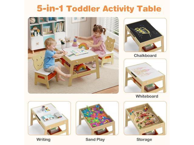 Costzon Kids Table and Chairs, Multifunctional Art Desk Set w/Chalkboard & Whiteboard, 4 Hooks, Large Storage Space and 2 Bins for Children 3+,...