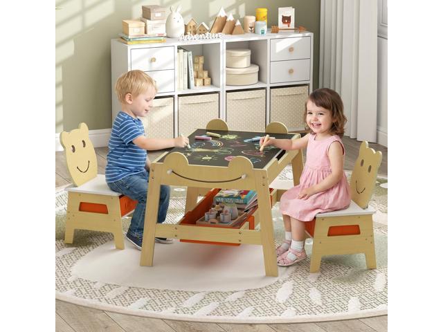 Costzon Kids Table and Chairs, Multifunctional Art Desk Set w/Chalkboard & Whiteboard, 4 Hooks, Large Storage Space and 2 Bins for Children 3+,...