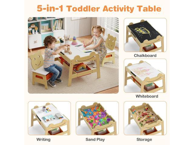Costzon Kids Table and Chairs, Multifunctional Art Desk Set w/Chalkboard & Whiteboard, 4 Hooks, Large Storage Space and 2 Bins for Children 3+,...