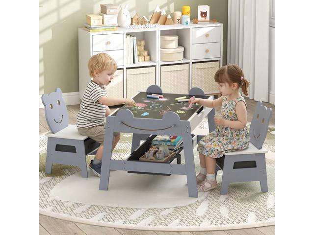 Costzon Kids Table and Chairs, Multifunctional Art Desk Set w/Chalkboard & Whiteboard, 4 Hooks, Large Storage Space and 2 Bins for Children 3+,...