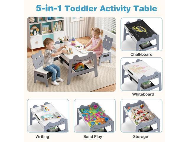 Costzon Kids Table and Chairs, Multifunctional Art Desk Set w/Chalkboard & Whiteboard, 4 Hooks, Large Storage Space and 2 Bins for Children 3+,...