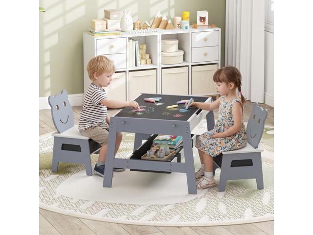 Costzon Kids Table and Chairs, Multifunctional Art Desk Set w/Chalkboard & Whiteboard, 4 Hooks, Large Storage Space and 2 Bins for Children 3+,...