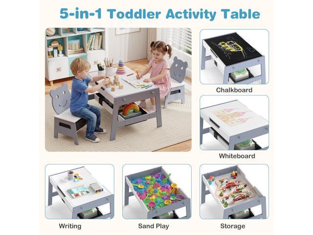 Costzon Kids Table and Chairs, Multifunctional Art Desk Set w/Chalkboard & Whiteboard, 4 Hooks, Large Storage Space and 2 Bins for Children 3+,...