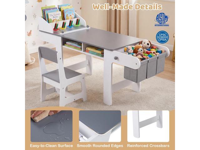 Costzon Kids Art Table and Chair, Wooden Children Craft Table with Paper Roll and Fabric Bins for Drawing Reading Studying Playing, Toddler...