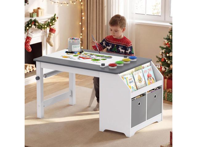 Costzon Kids Art Table and Chairs, Wooden Activity Desk Set w/Paper Roll, 4 Paint Cups, Storage Shelves and 2 Fabric Bins for Drawing Playing,...