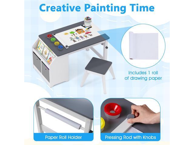 Costzon Kids Art Table and Chairs, Wooden Activity Desk Set w/Paper Roll, 4 Paint Cups, Storage Shelves and 2 Fabric Bins for Drawing Playing,...