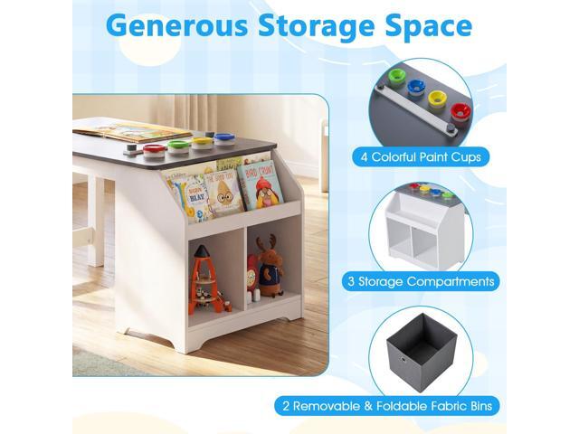 Costzon Kids Art Table and Chairs, Wooden Activity Desk Set w/Paper Roll, 4 Paint Cups, Storage Shelves and 2 Fabric Bins for Drawing Playing,...