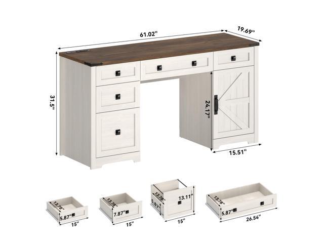 61' Farmhouse Executive Desk with Drawers, Wood Home Office Desk with File Cabinet, Charging Station and Storage Cabinet, Computer Desk Workstation...
