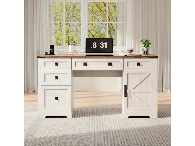 61' Farmhouse Executive Desk with Drawers, Wood Home Office Desk with File Cabinet, Charging Station and Storage Cabinet, Computer Desk Workstation...