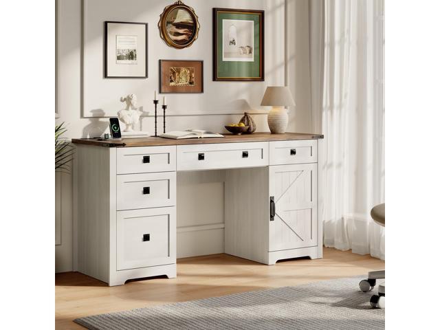 61' Farmhouse Executive Desk with Drawers, Wood Home Office Desk with File Cabinet, Charging Station and Storage Cabinet, Computer Desk Workstation...
